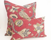 Red and Blue Lumbar Pillow, Country Floral Cushion Cover, Oblong, Dark Red Navy Blue, Rustic Lodge Decor NEW 12x18