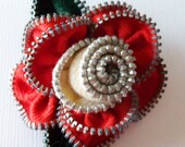 Red and Off White Floral Brooch / Zipper Pin by ZipPinning 2236