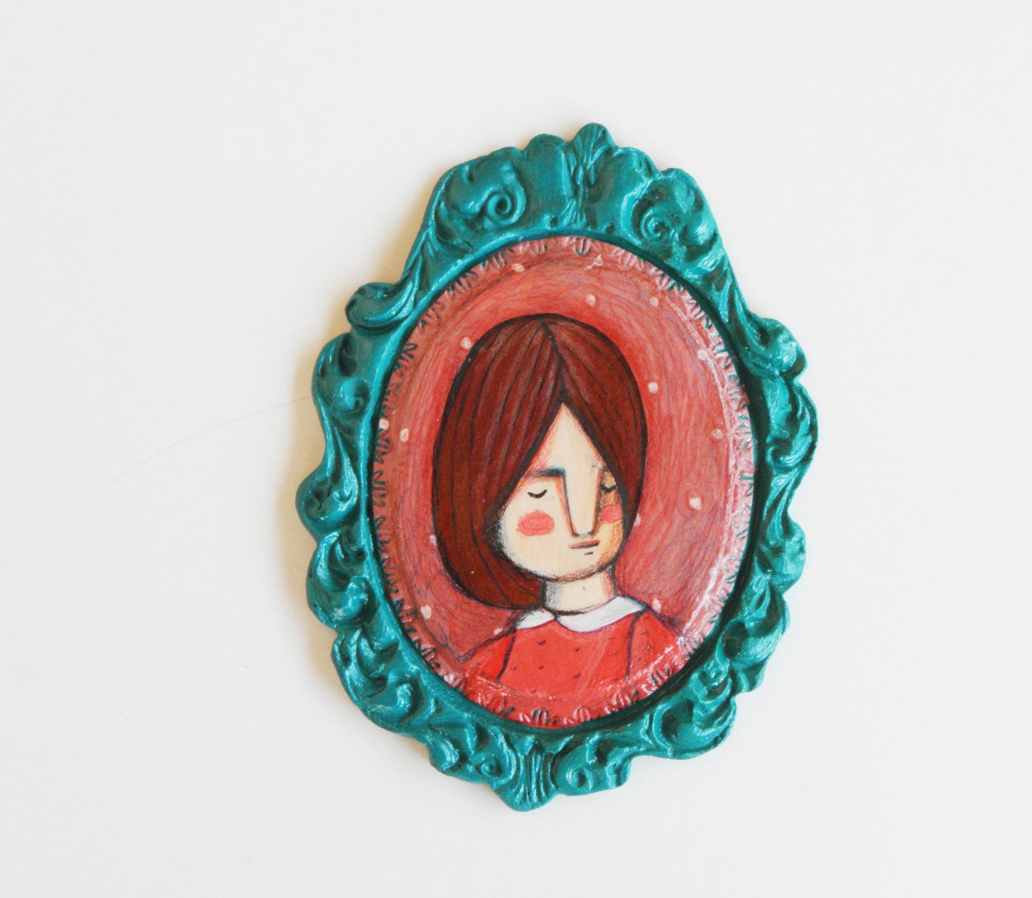 illustration frame green burgundy portrait - OOAK wall hanging decoration sculpture