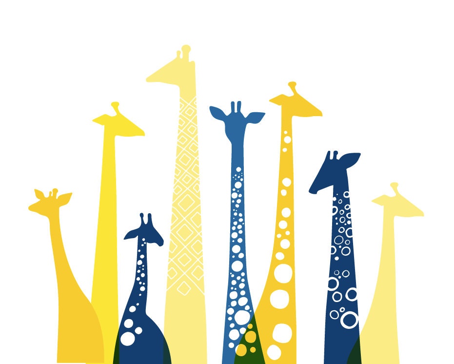 giraffes landscape. 16X20. yellow & navy.