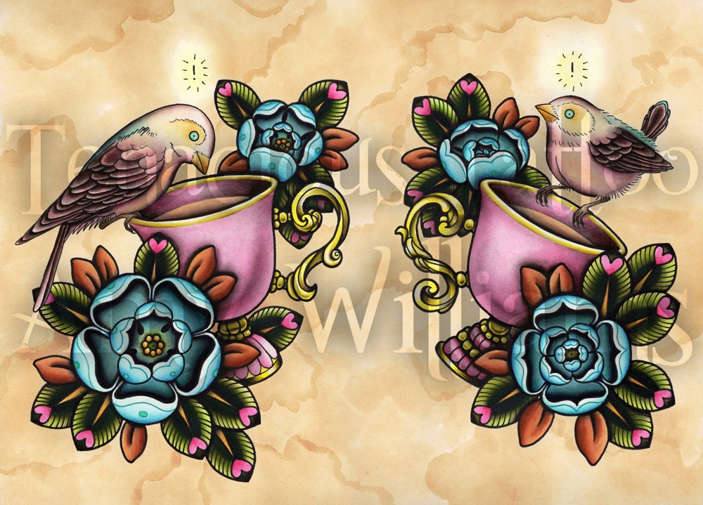 Idea Birds On Teacups Tattoo Art A3 Print