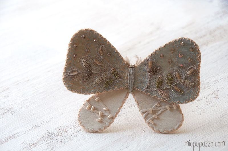 Summer Sale -20% Romantic Bridal Bracelet with Handmade Embroidery Golden Textile Butterfly