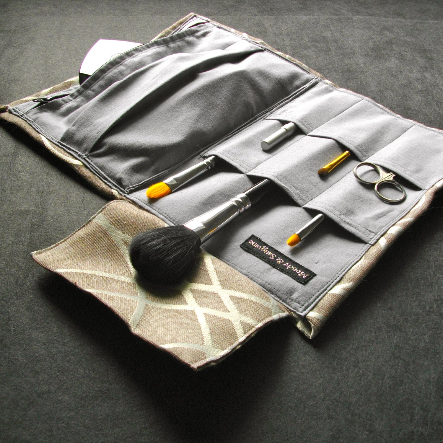 Makeup Bag - Marvellous Moveable Makeup - Brush Travel Roll - Mottled Purple Brown With Silver Graphic - Grey Lining