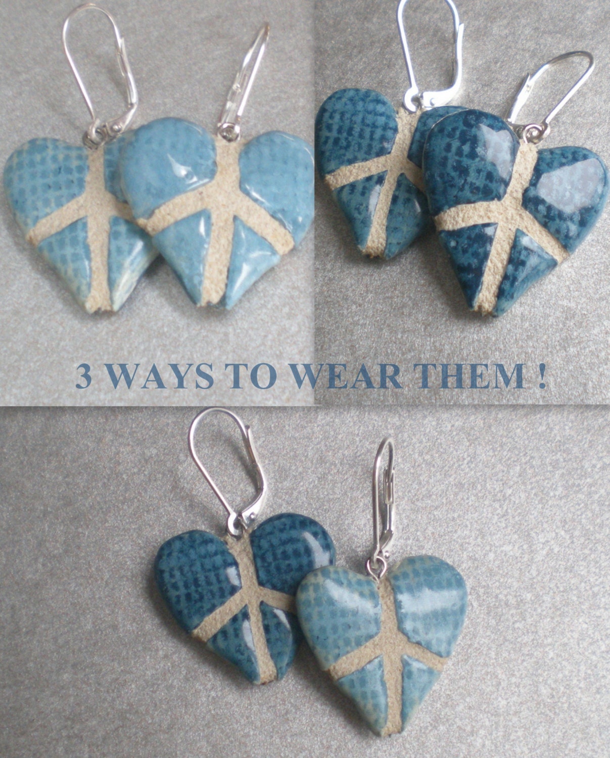 Peace Sign Heart Earrings : Denim Mosaic Tile REVERSIBLE