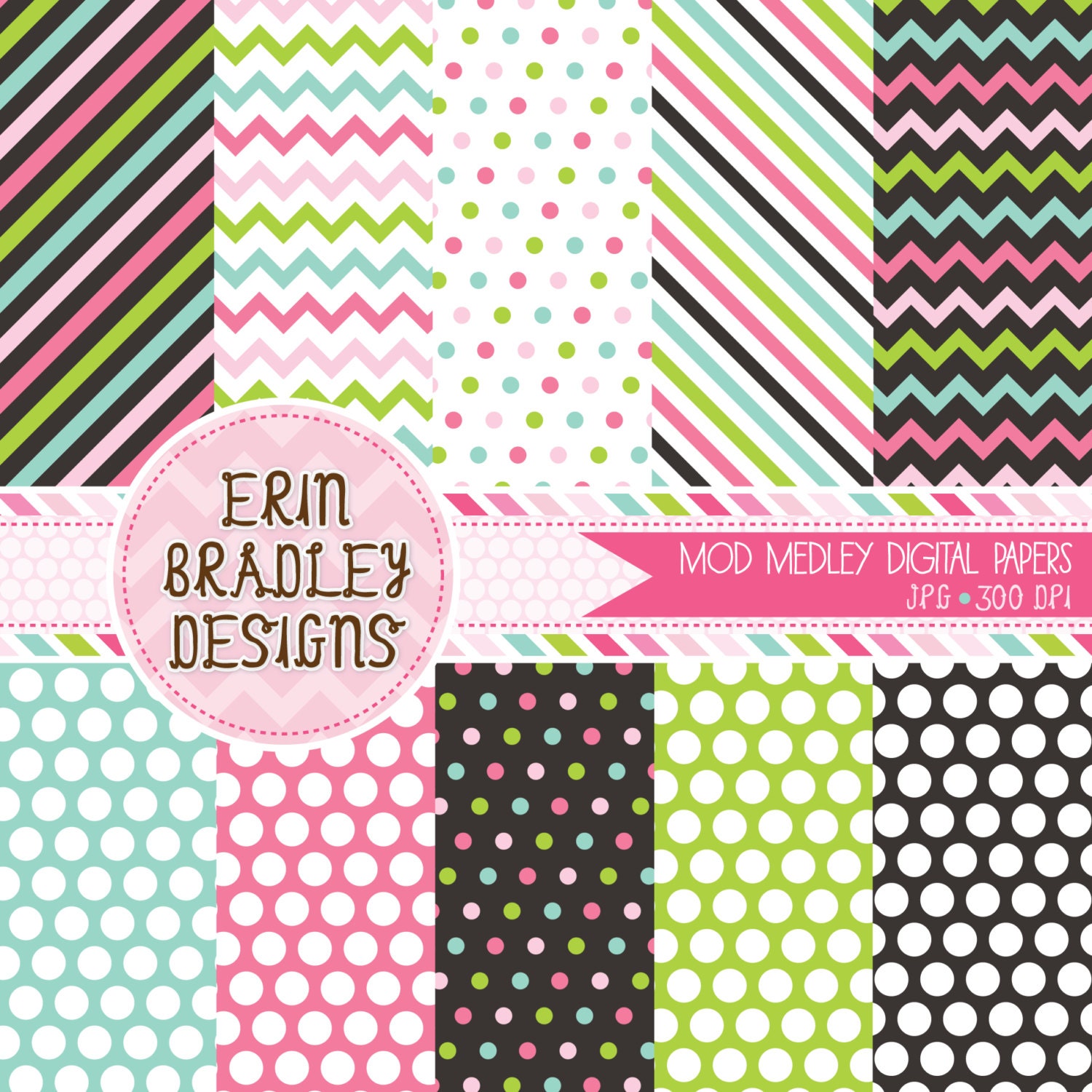 Mod Medley Polka Dots and Stripes Commercial Use Digital Paper Pack Instant Download