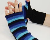 Fingerless Gloves in Blue Stripes - Recycled Felted Wool