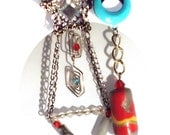 Long Blue Red Silver Necklace, A Melody of Wire Work, Polymer Clay, Chain, Bead etc