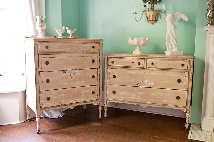 antique dresser shabby chic distressed tan white 2 piece set cottage prairie