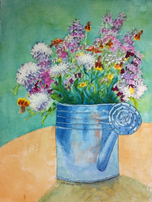 Blanco Wildflowers in a Watering Can Greeting Cards by Nan Henke  4.25x5.5 inch  (a set of 4) Blank, Watercolor Pen and Ink Reproduction