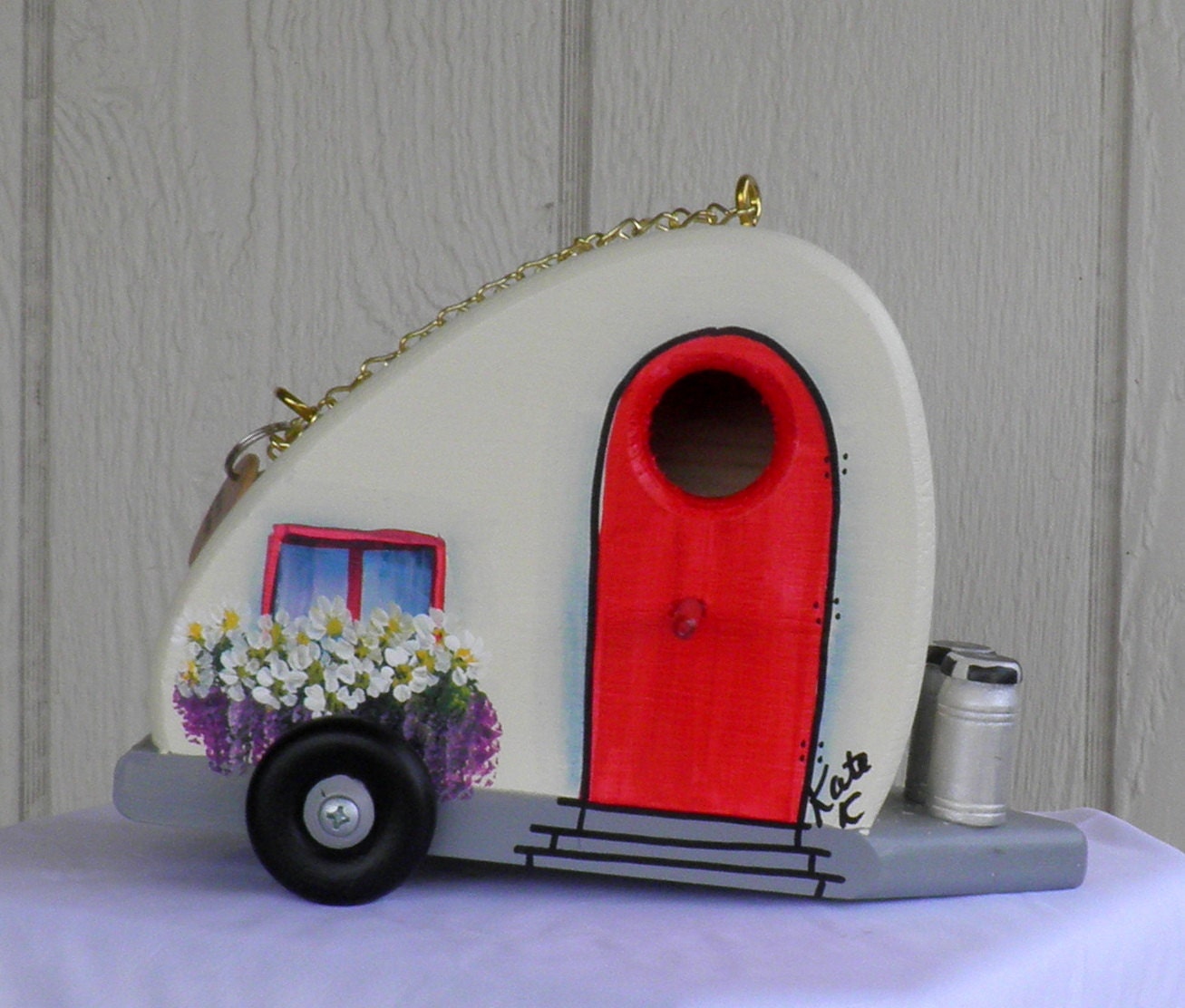 Tear Drop Trailer Bird House, Eco-Friendly,  Hand Made, Hand Painted Red and Ivory