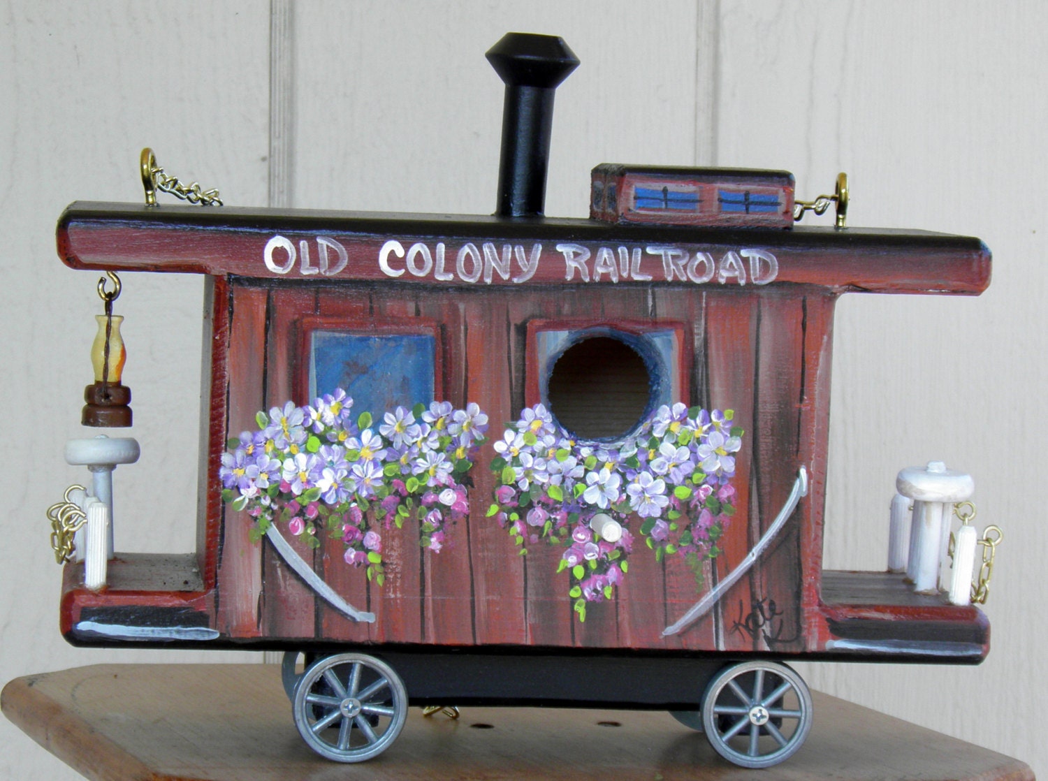 Red Caboose Bird House with Flowers, Eco-Friendly, Hand Made and Hand Painted