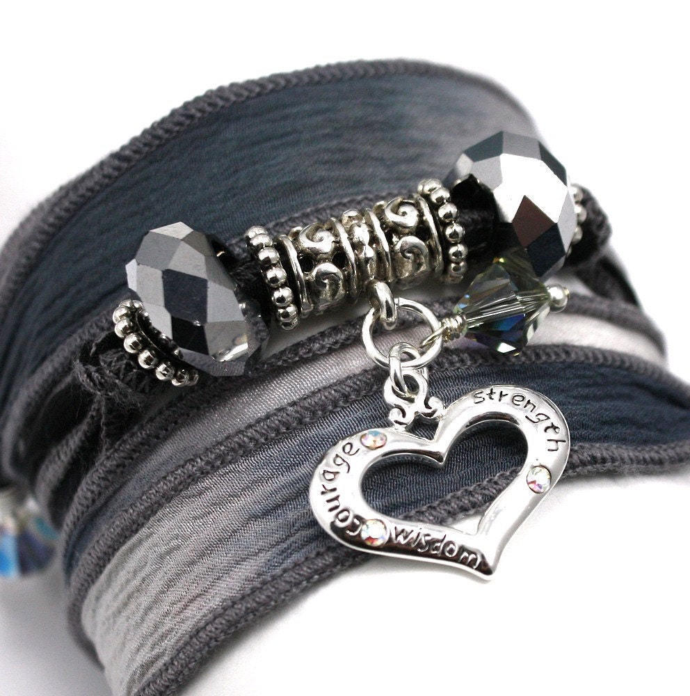 Charcoal to Slate Silk Wrap Bracelet with Courage-Strength-Wisdom Heart Charm - anjalicreations