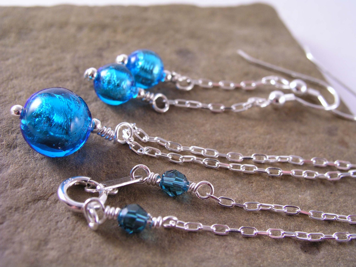 Blue Venetian Glass Necklace Earrings, Murano Glass Necklace Earrings, Minimalist Necklace Earrings, Gift