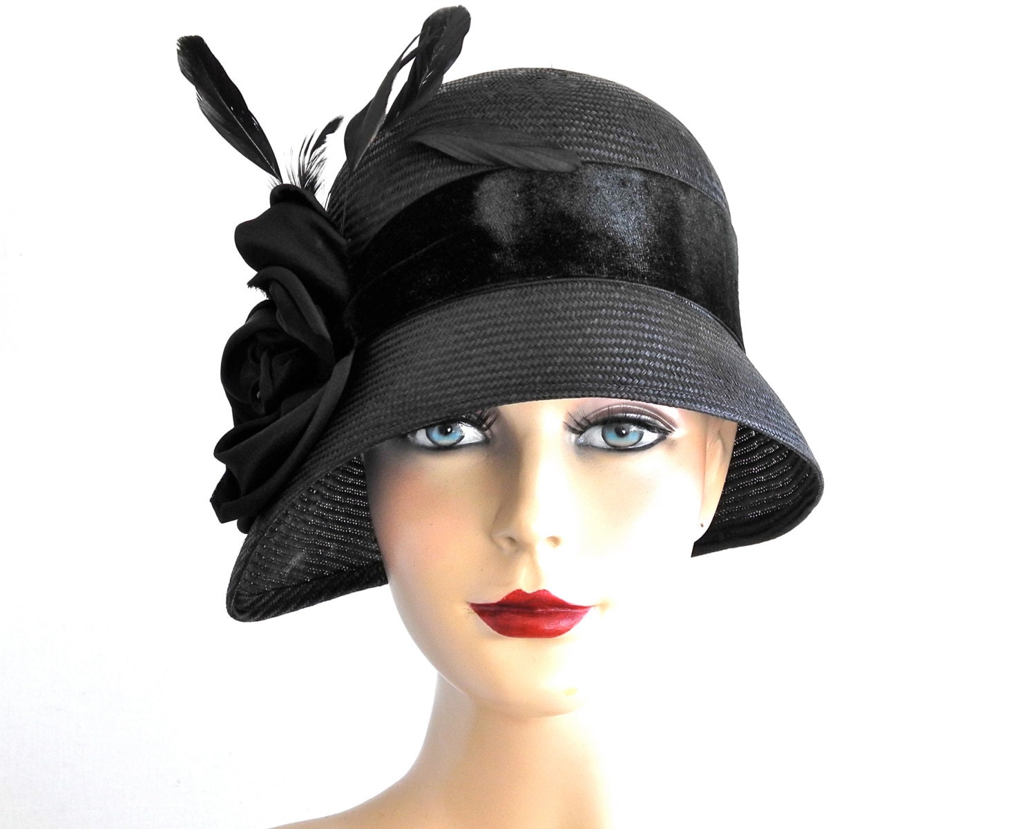 Black Straw Cloche Hat- Women- Spring Fashion-1920's- Flapper