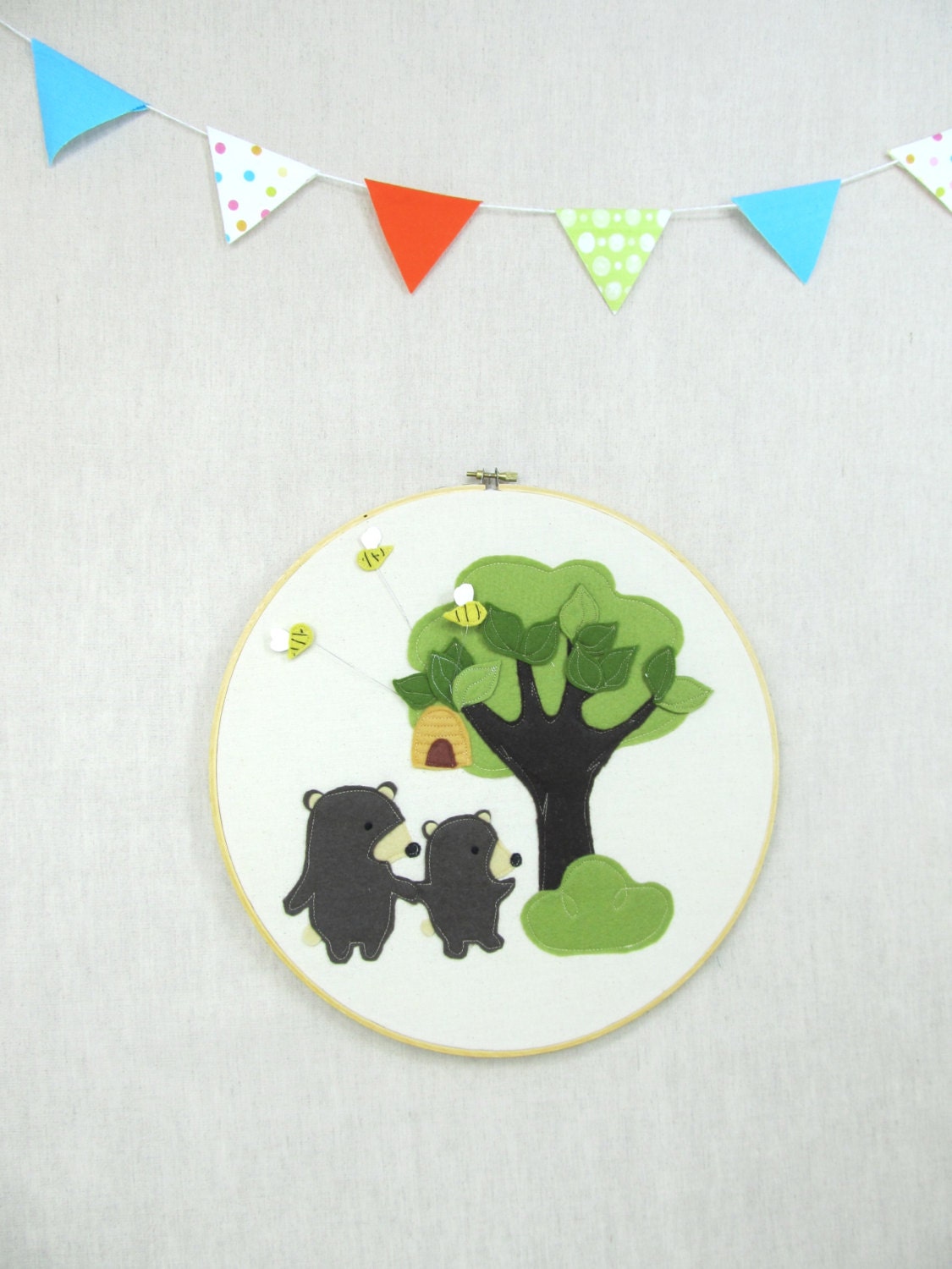 Wall/Shelf  Décor - Bears and Bees - Children, Art, Fiber Illustration, Nursery, Baby, Handmade, Gift.