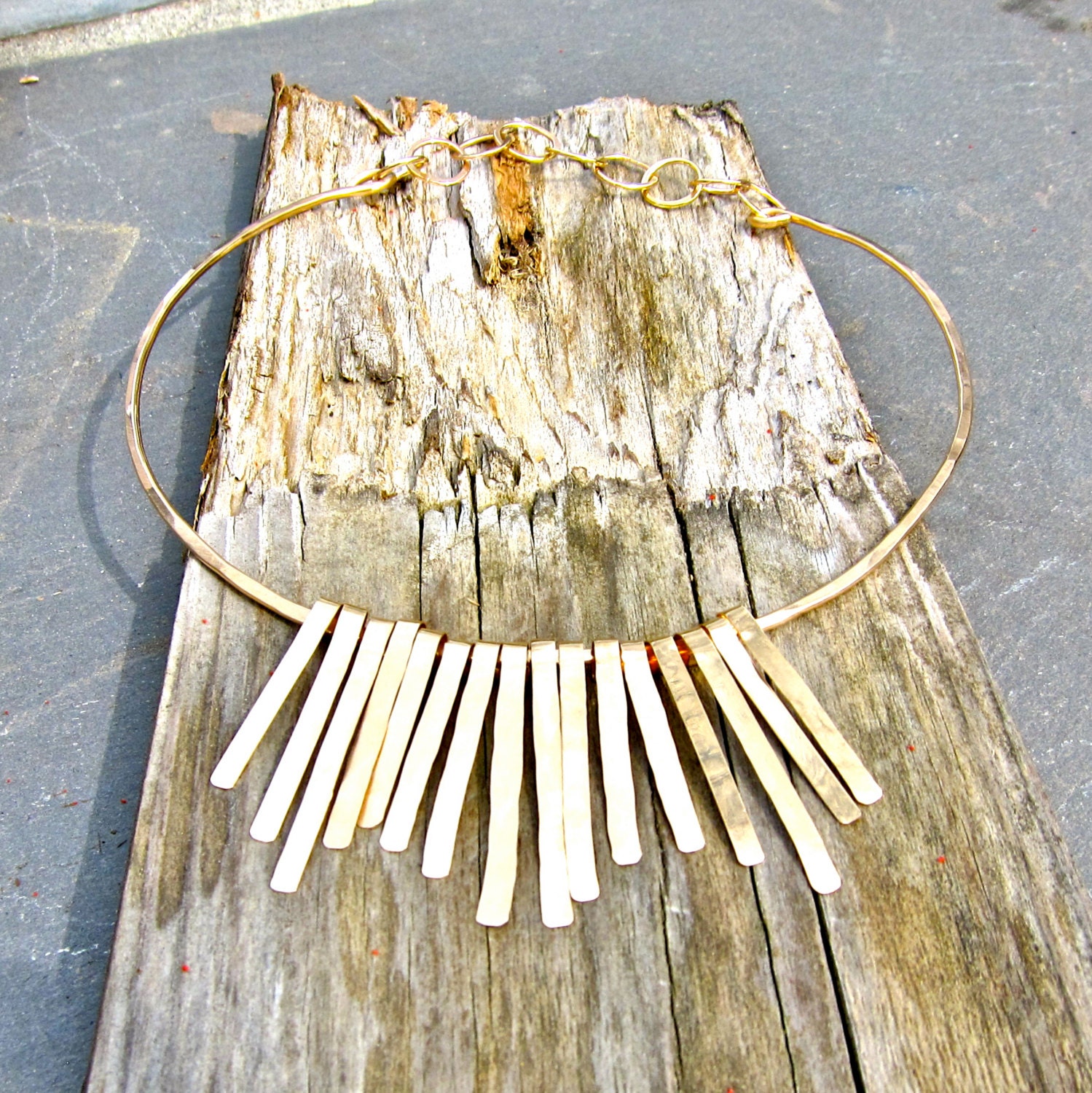 Hammered,14K Gold Filled Neck Ring With Hammered Feather Spine Focal Piece
