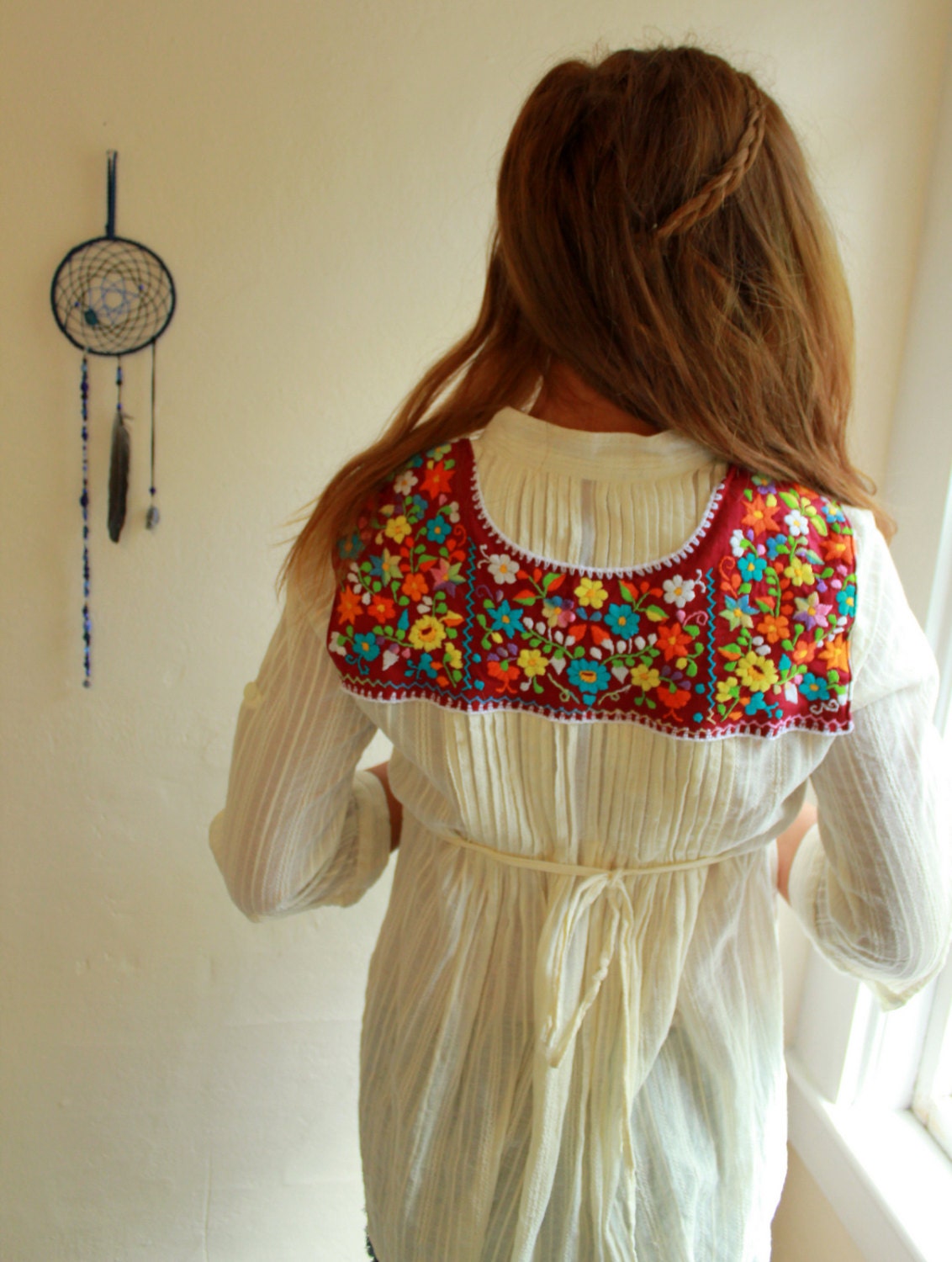 Upcycled Eco Friendly Burgundy/Cream/White Tunic Trapeze Mexican Embroidered Babydoll Blouse/Shirt/Top Size XS/Small by MountainGirlClothing