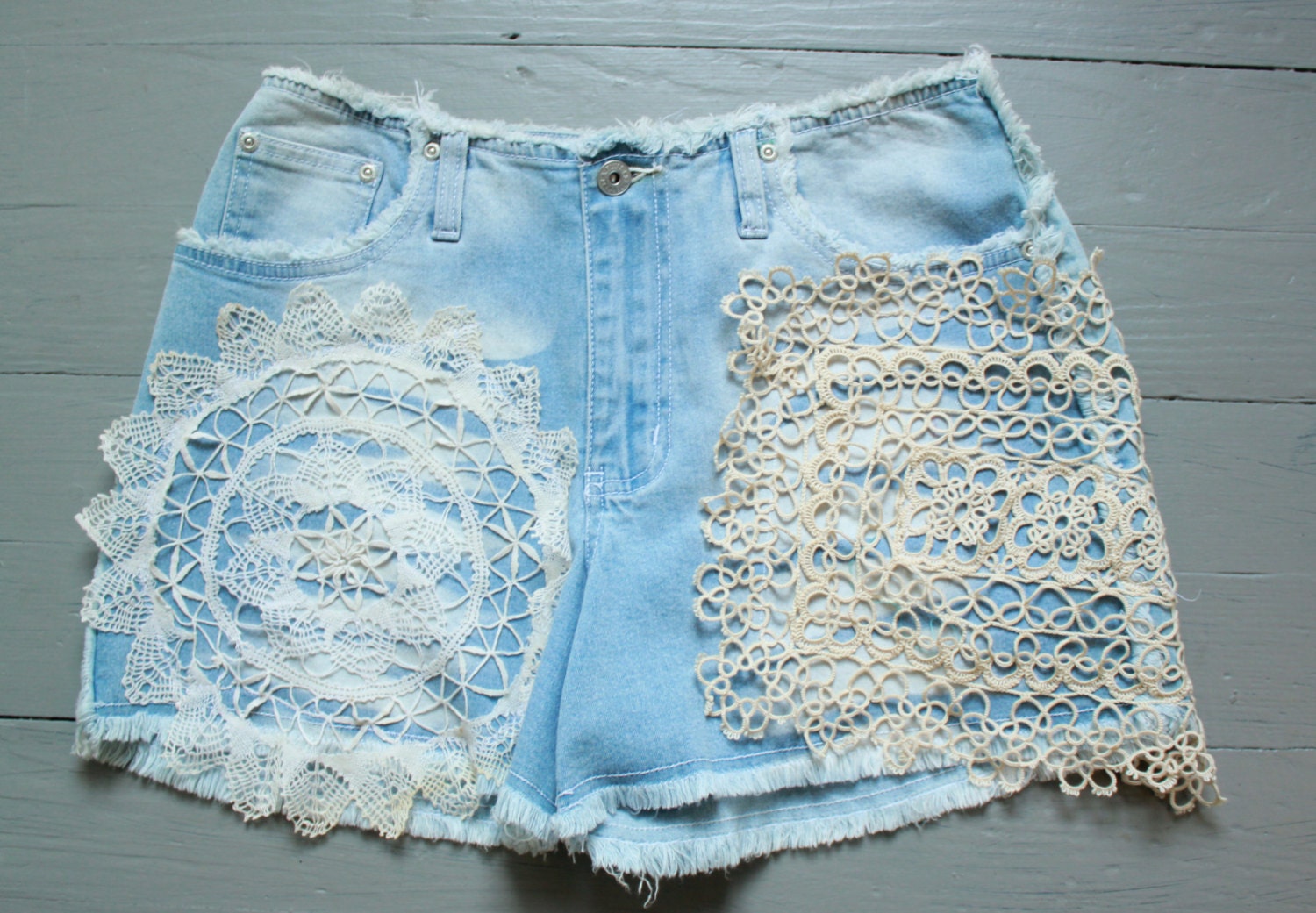 Crochet Doily Denim Faded Bleached High Waisted Cut Off Shorts Size 8 Festival Hippie Bohemian By MountainGirlClothing