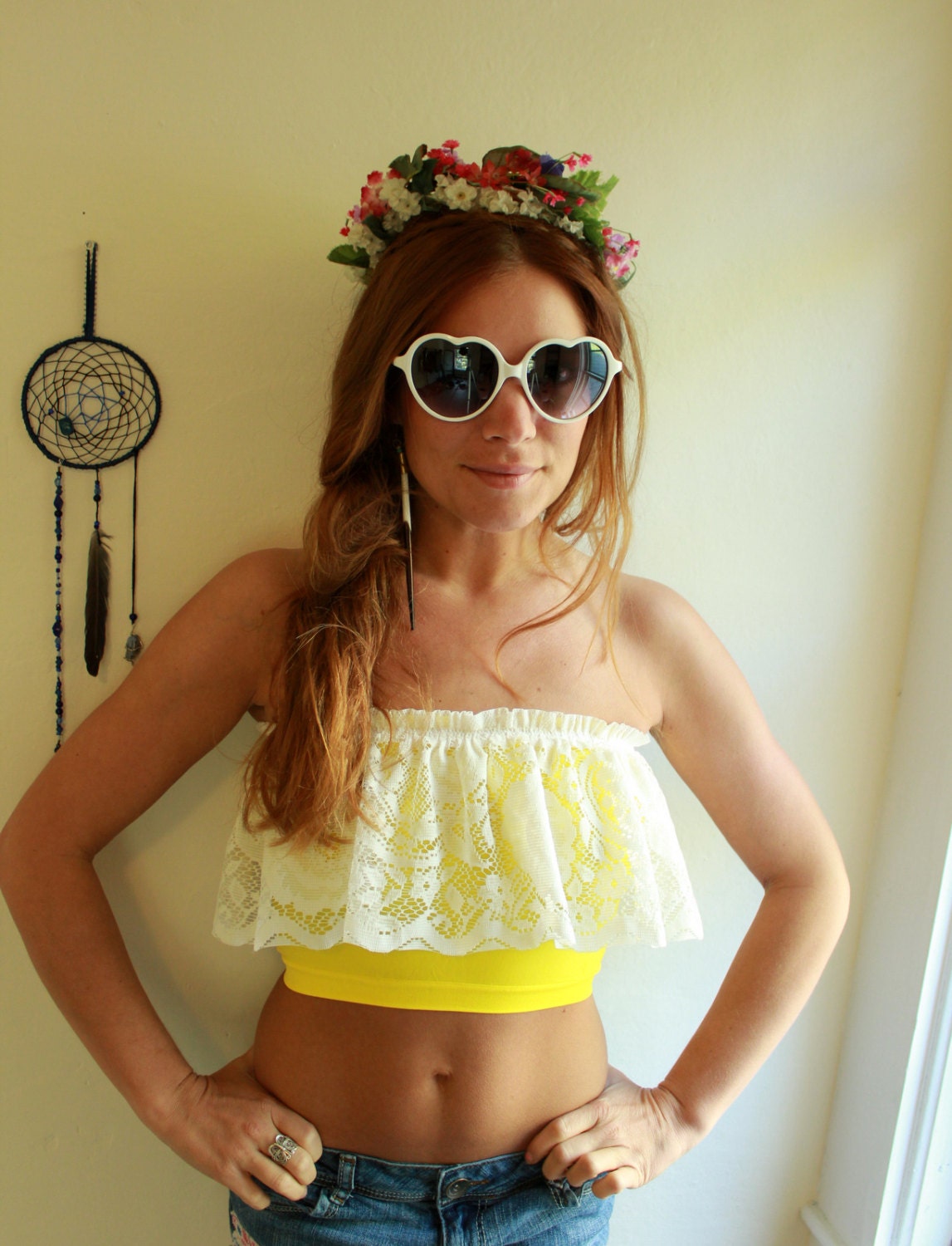 Yellow/White Lace Ruffle Star Crochet Doily Applique Festival Summer Hippie Bohemian Crop Bandeau Tube Top Shirt One Size