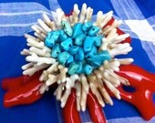 Handmade Vintage Red Resin Coral Brooch Earrings Folk Art Jewelry Set