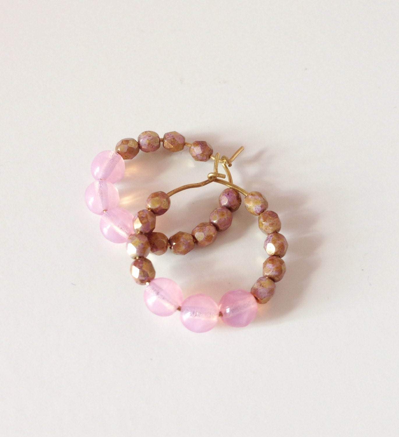 Blush and gold, beaded, brass, hoop, earrings