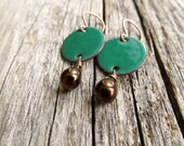 Emerald Green Enamel And Bronze Drop Earrings, Enamel On Copper