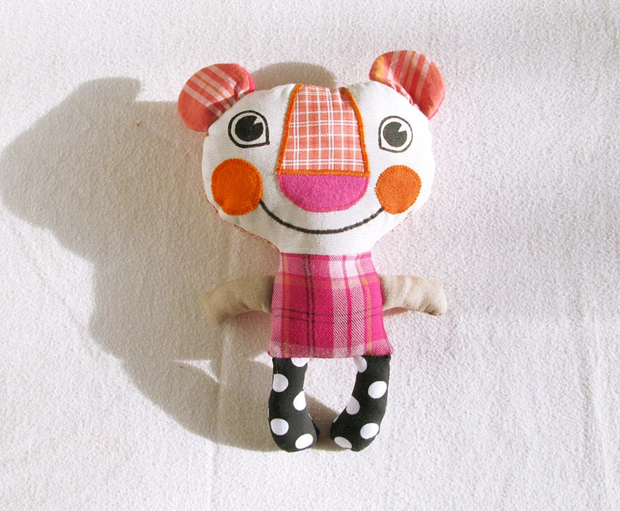 Plush Bear Recycled Fabric Doll Patchwork Pink Orange