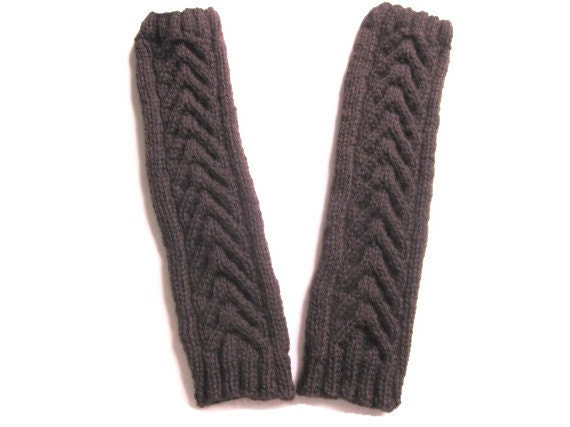 Knit leg warmers - dark brown chunky wool - cables - ready to ship