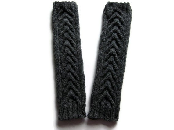 Knit leg warmers - black chunky wool - cables - ready to ship