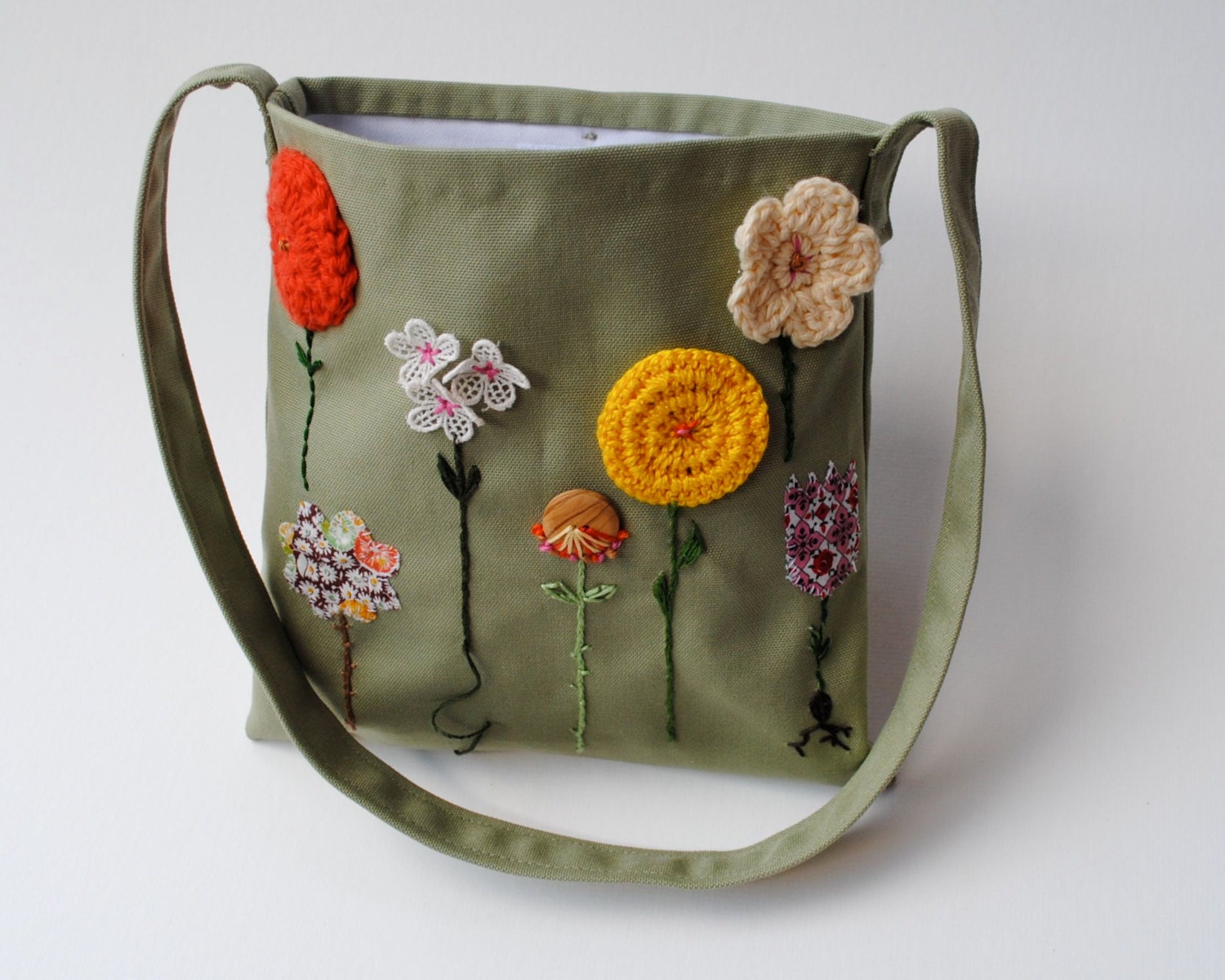 Organic Kids Messenger Bag - Embroidered Summer Garden Flowers Cross Body Purse in Olive Green with Gold (Ready to Ship)