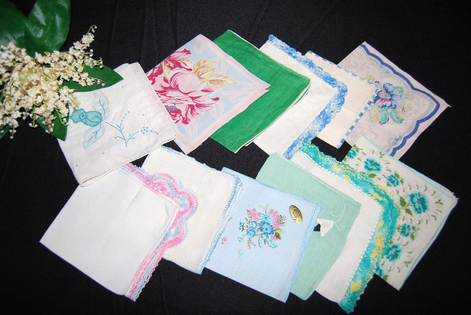 Vintage Hankies Something Blue with Mint.....twelve
