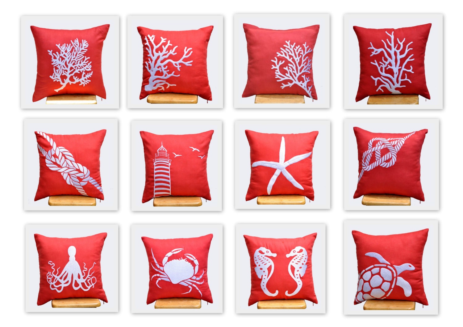 Coral Fan Decorative Pillow Cover, White Coral Embroidery on Red Orange Linen Pillow, Pillow case 18 x 18, Orange Pillow Accent,Pillow