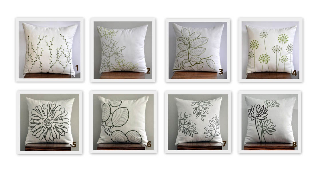 Green Cream Throw  Pillow Cover, Decorative Pillow Cover 18" x 18"- Set of 2, Cream Linen Pillow Green Floral Embroidery, CHOOSE THE DESIGNS