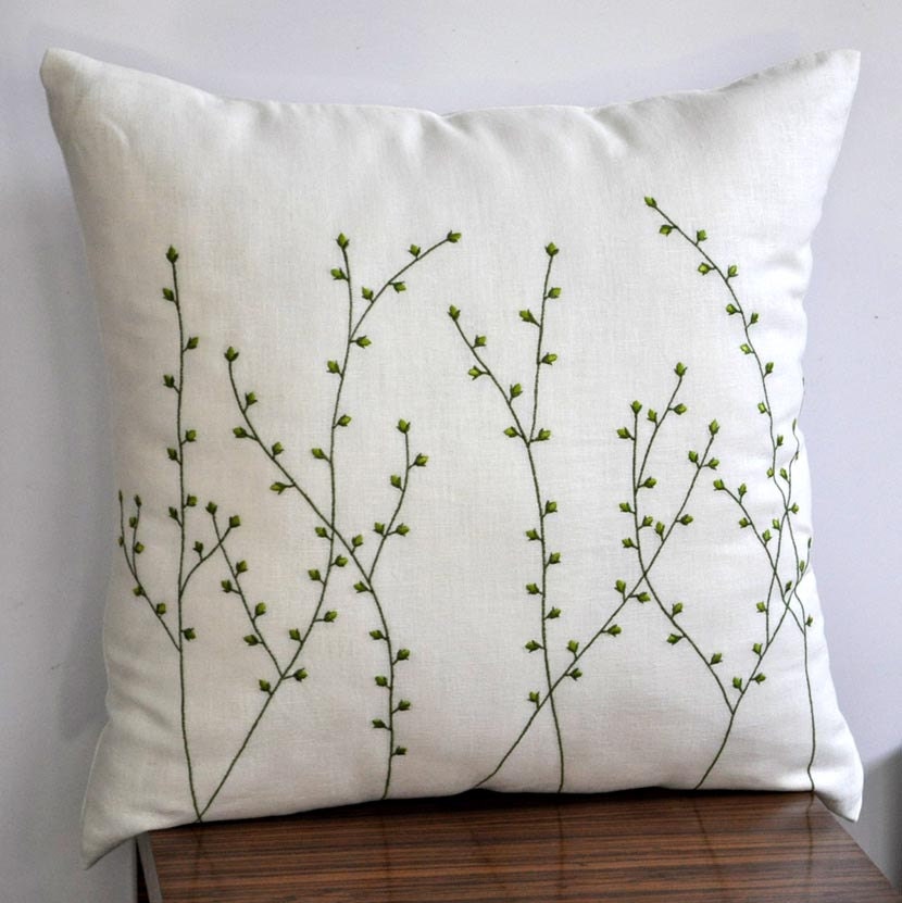 Pussy Willow Throw Pillow Cover, Decorative Pillow Cover, Cream Pillow Fresh Green Floral Embroidery, Pillow Accent, Pillow Case 18 x 18