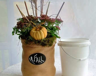 Burlap Bucket Bag with Chalk Cloth Message Label - 5 Gallon Bucket Size