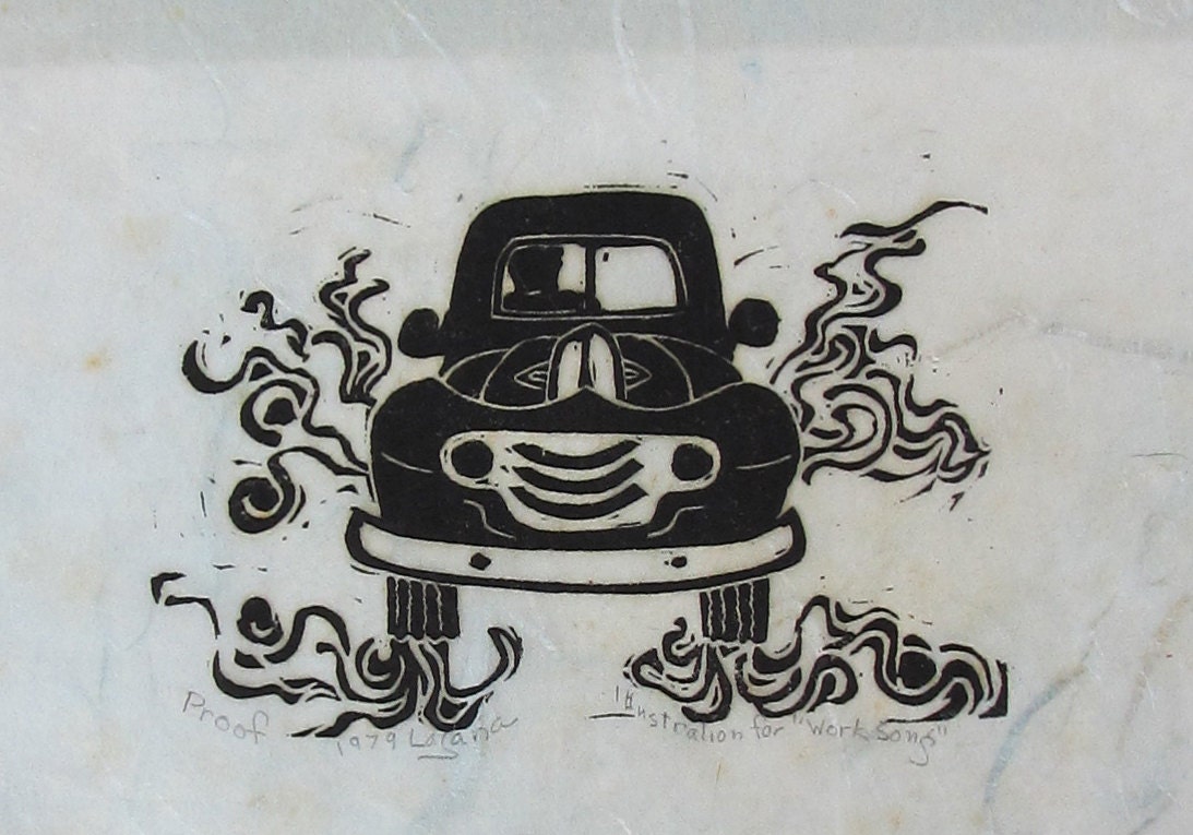 Car, black and white linoleum block print, a proof, printed and signed by the artist