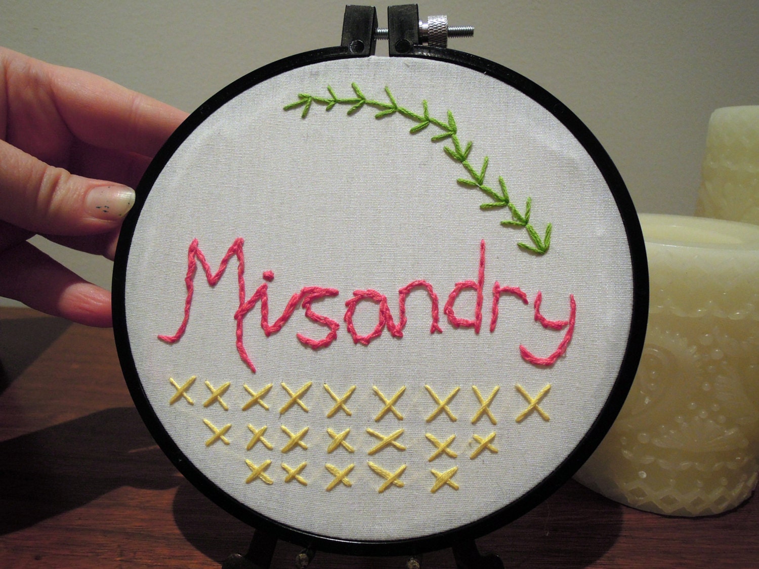 Hand Embroidered "Misandy" Wall Hanging