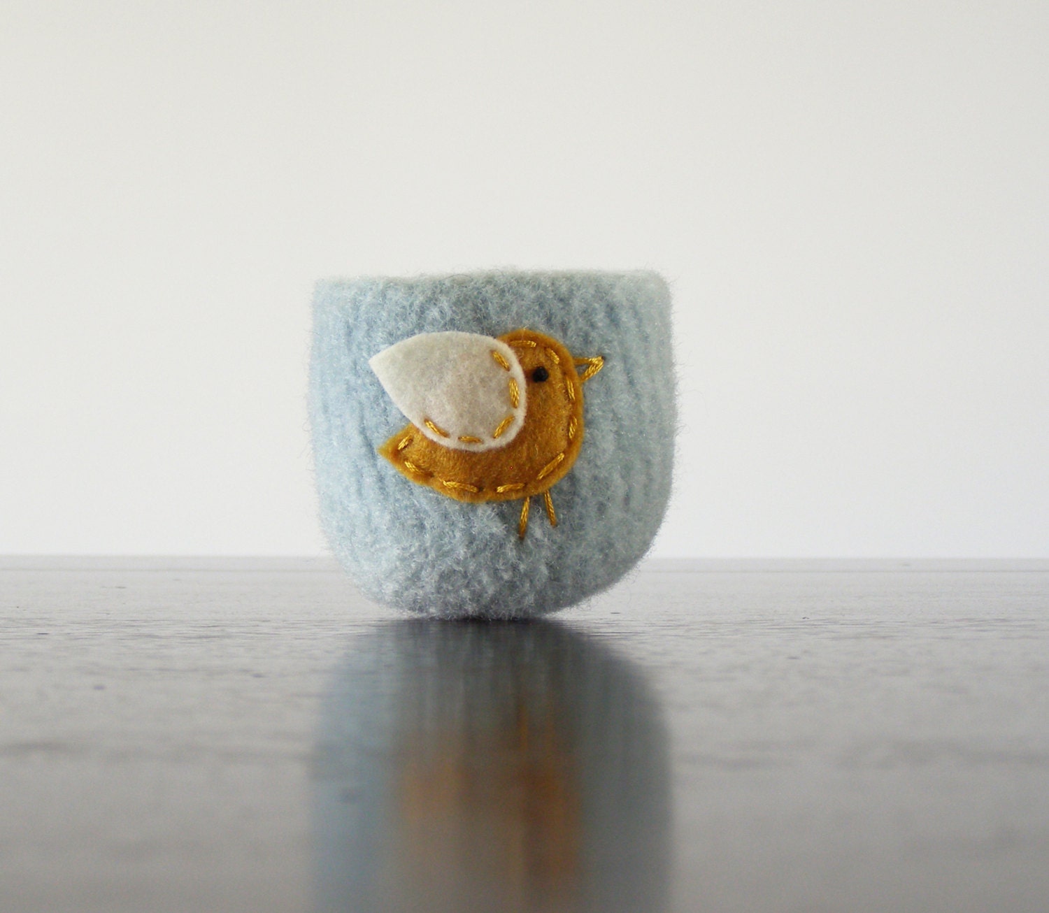 felted bowl - pale grayed jade wool bowl with mustard and white bird -  spring inspired container for holding jewelry or air plants