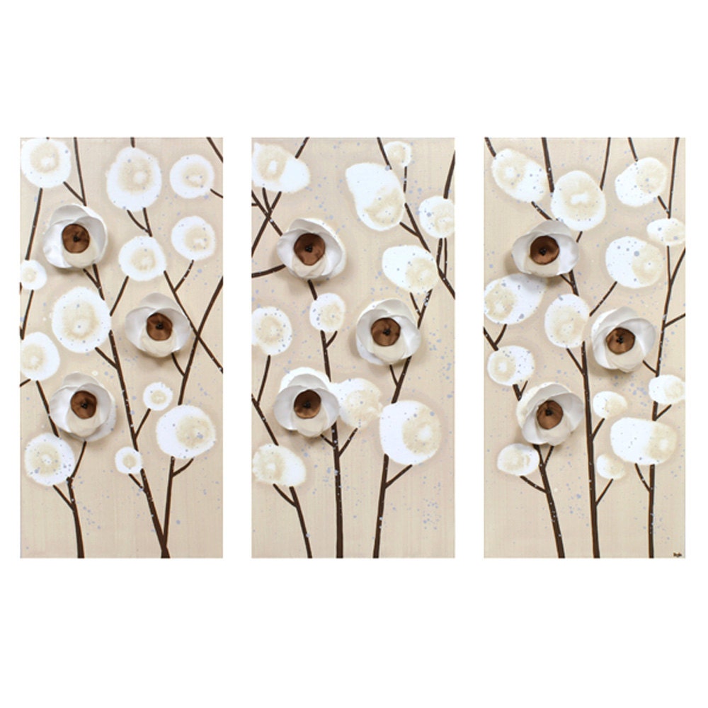 Minimalist Art - Orchid Painting on Triptych Canvas - Neutral Wall Art Decor - Medium 32X20