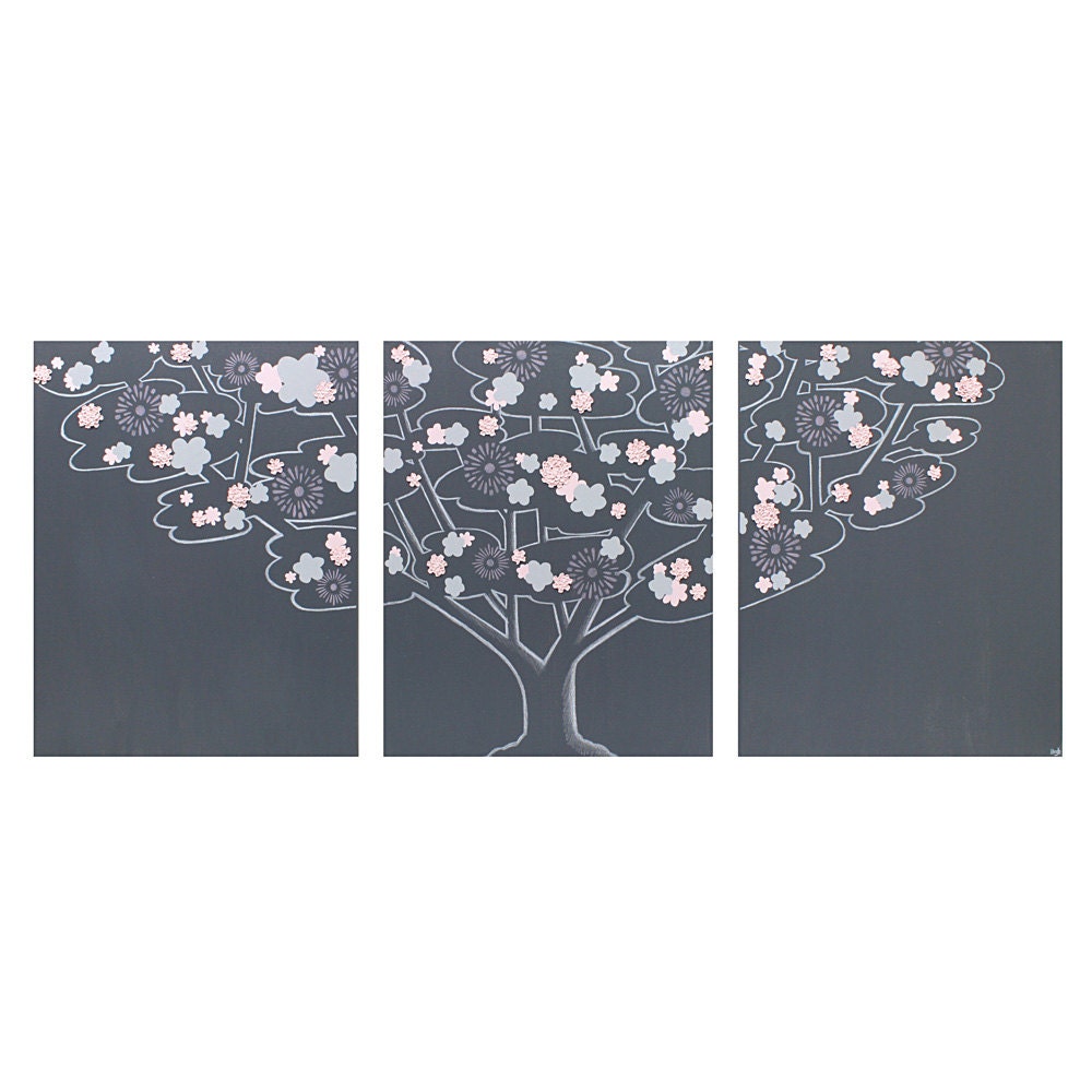 Pink and Gray Nursery Decor -  Large Tree Painting - Baby Girl Wall Art on Triptych Canvas 50X20