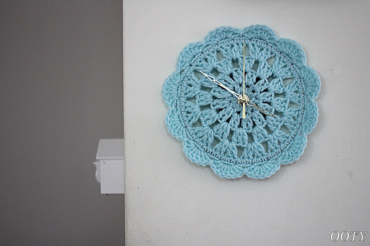 clock aqua baby blue chrochet doily clock for home, round clock, home decor