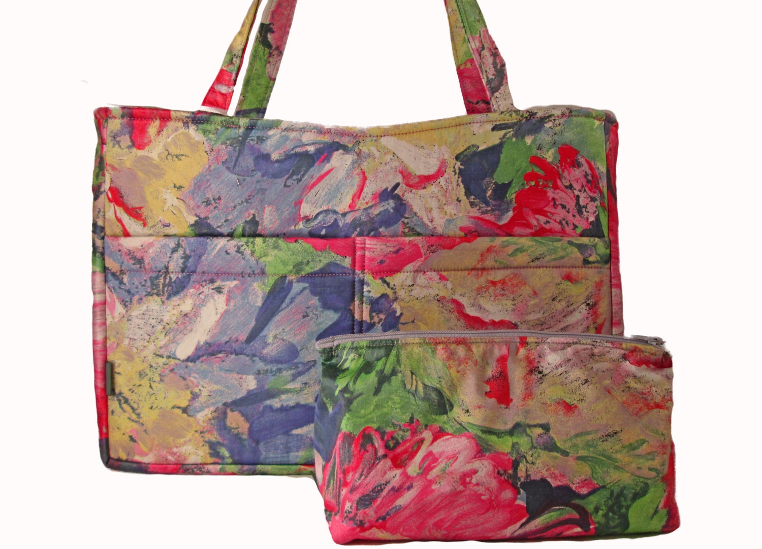 Tote Diaper Bag with matching zipper pouch in vibrant watercolor print fabric