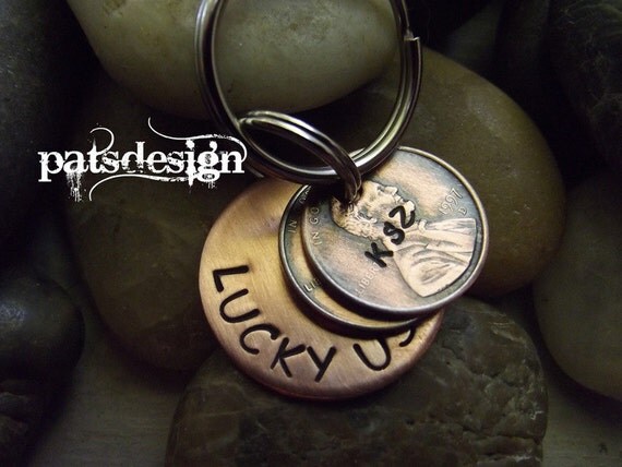 Lucky Us Copper Keychain with two lucky pennies