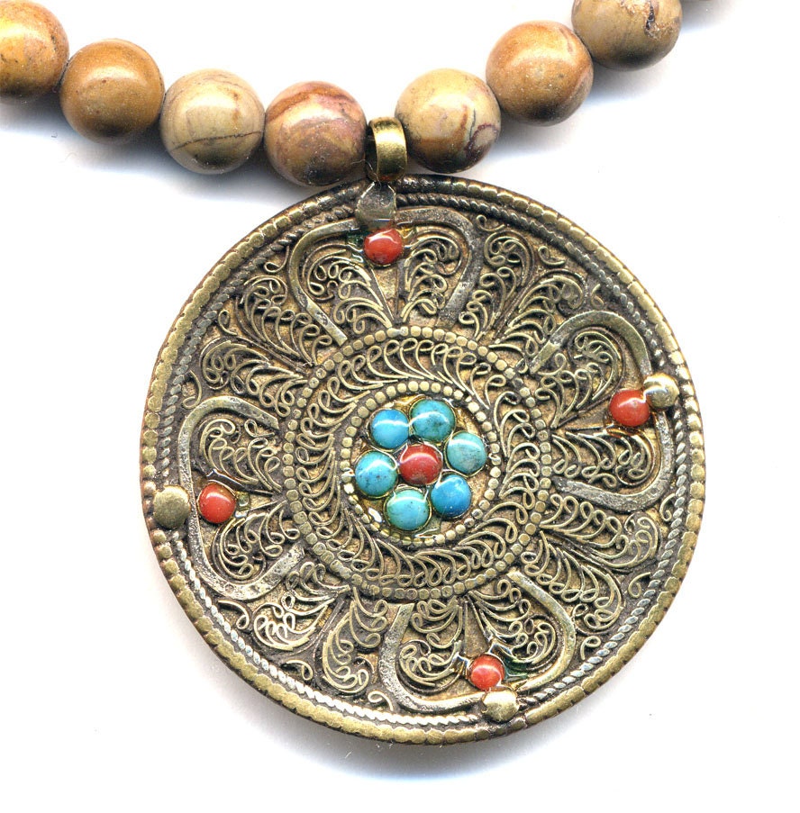 Nepalese Coral and Turquoise Mandala Pendant, Coral Stone Pendant on Jasper Necklace, Ethnic Necklace Handmade Nepal Jewelry