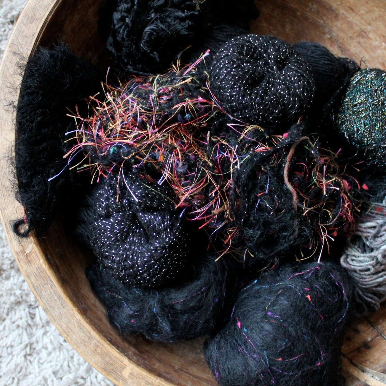 Black Yarn Destash various makers and types silver, poly, mohair, ribbon, glitz, acrylic and more