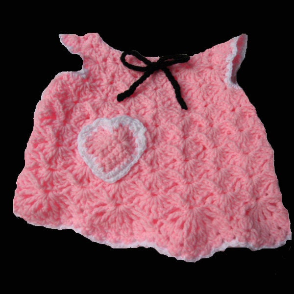Pink Hand Crocheted Baby Dress Heart Pocket Black Tie