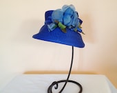 Vintage Cobalt Blue Woven Straw Hat. Silk Flowers. Bright Blue. Round Hat. High Crowned. 1950s. Mid Century. Traditional. Mad Men.