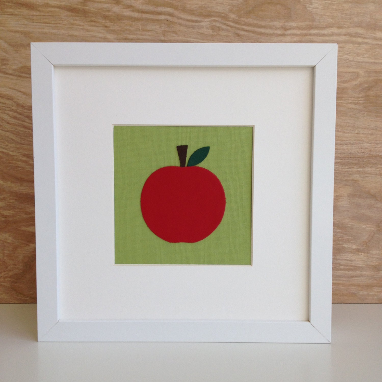 Red Apple Teacher Card, Birthday, Greeting, or Invitation in Leather Applique on Lime Green Card Stock, 5.5 inches Square, can be Framed