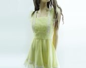 Yellow Mini Party Dress Pastel 70s Vintage Swiss Dot / Lace Frock / s