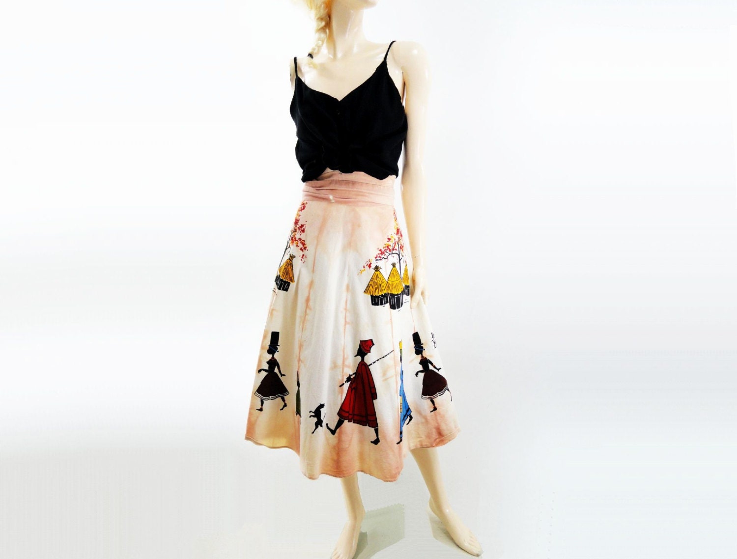 Vintage Boho Skirt Tribal Tie Dye Ethnic African Hand Printed Colorful Wrap Skirt / m